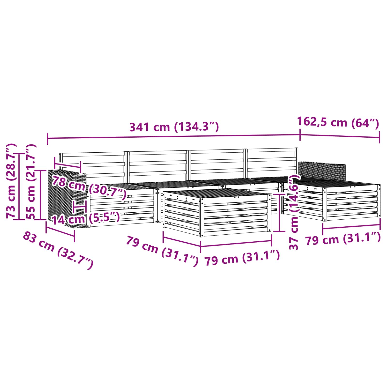 Outdoor-Sofagarnitur 6 pcs Natur 79 x 79 x 37 cm