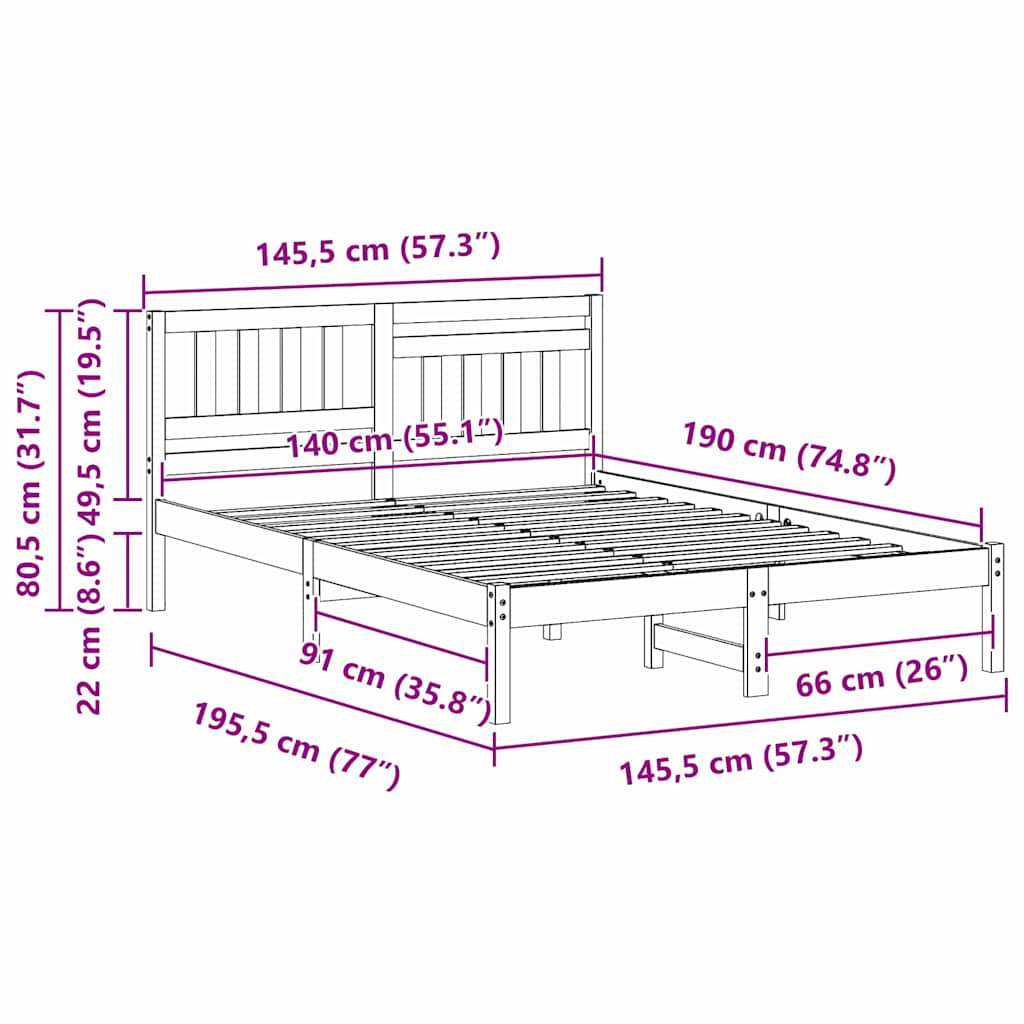 Bettgestell mit Kopfteil Braun 140 x 190 cm Massivholz Kiefer