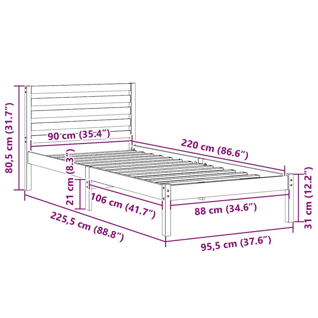 Bettrahmen mit Kopfteil Braun 90 x 220 cm Massives Kiefernholz