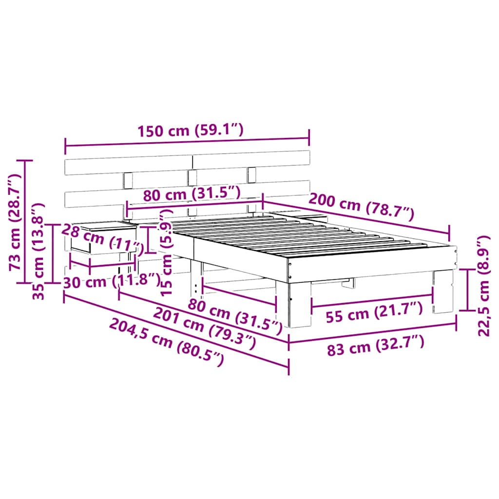 Bettgestell mit Kopfteil Weiß 80 x 200 cm Massivholz Kiefer