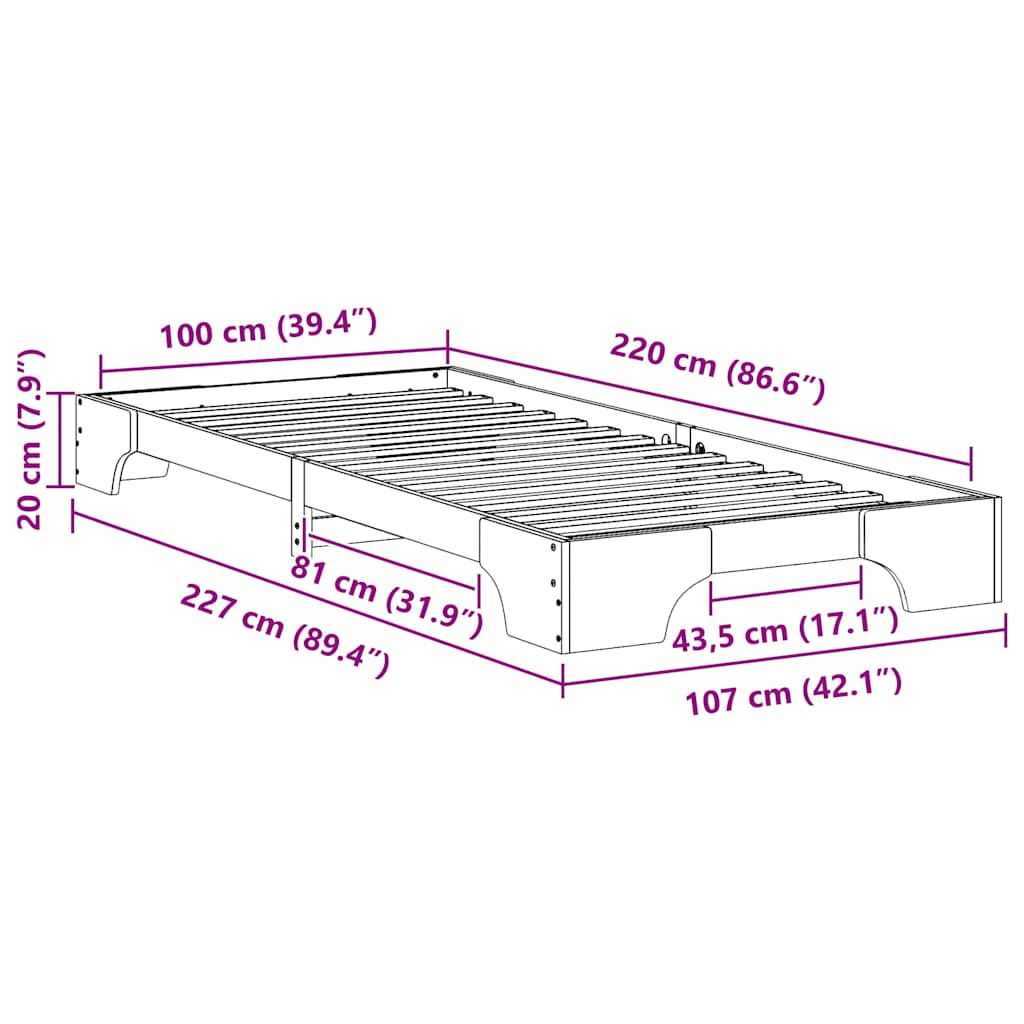 Bettrahmen Braun 100 x 220 cm Massives Kiefernholz