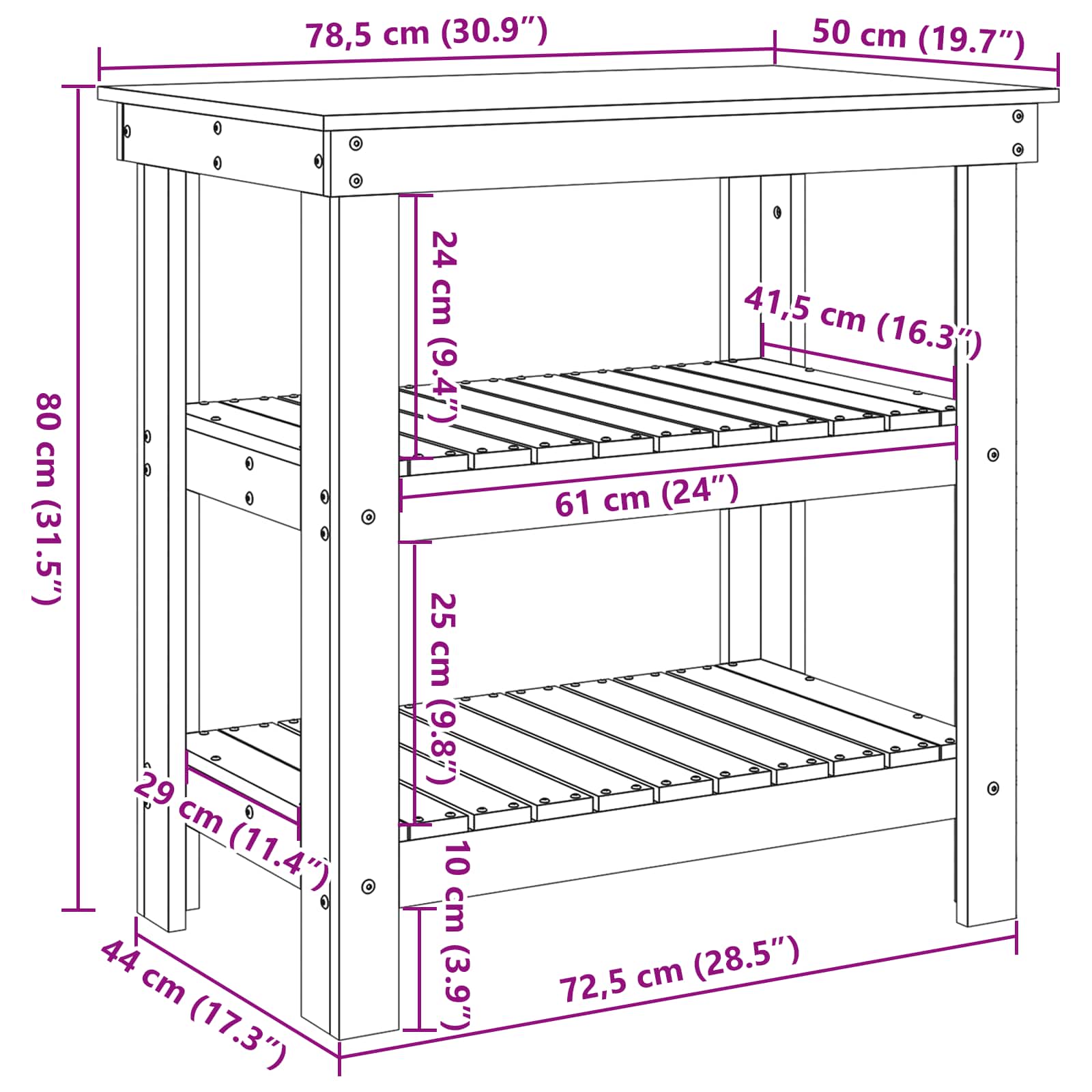 Werkbank mit Regal 78,5 x 50 x 80 cm Massives Kiefernholz