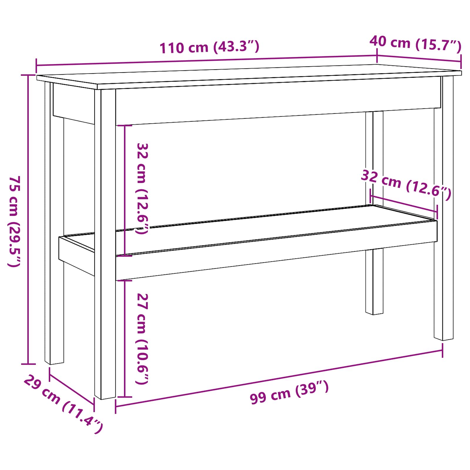 Konsolentisch Wachsbraun 110 x 40 x 75 cm Massives Kiefernholz