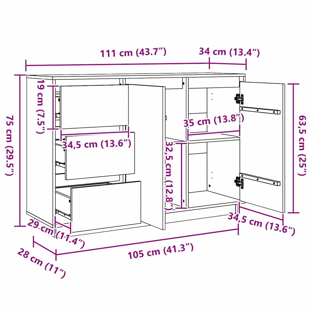 Sideboard mit Schubladen Braun Eichen-Optik 111 x 34 x 75 cm