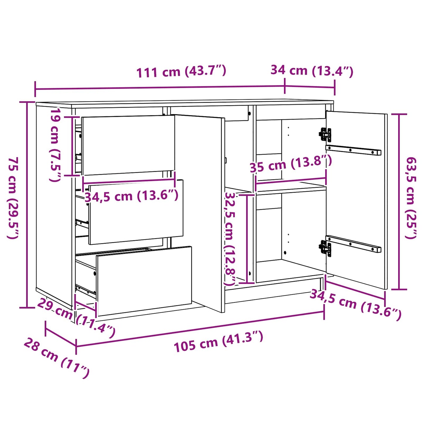 Sideboard mit Schubladen Braun Eichen-Optik 111 x 34 x 75 cm