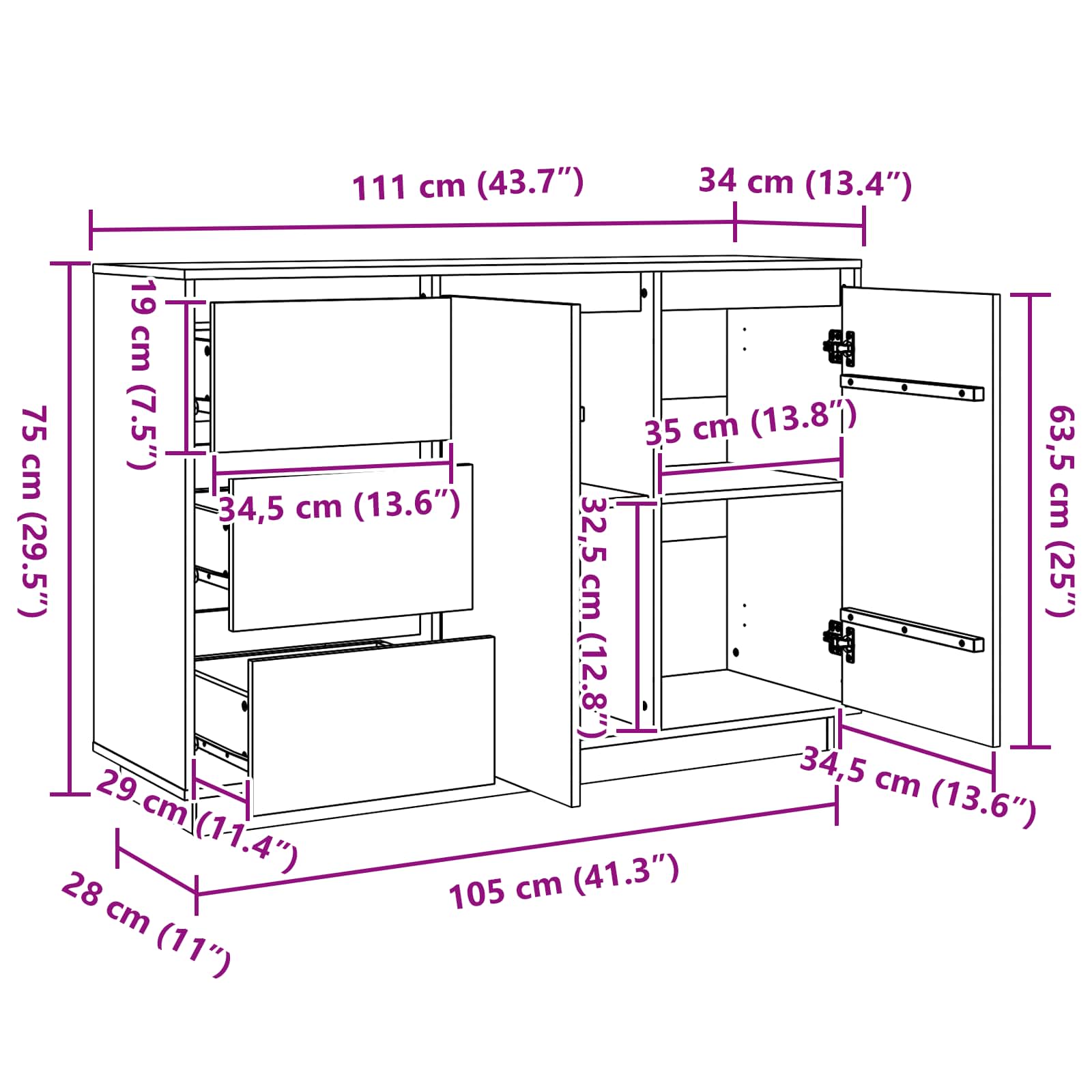 Sideboard mit Schubladen Braun Eichen-Optik 111 x 34 x 75 cm
