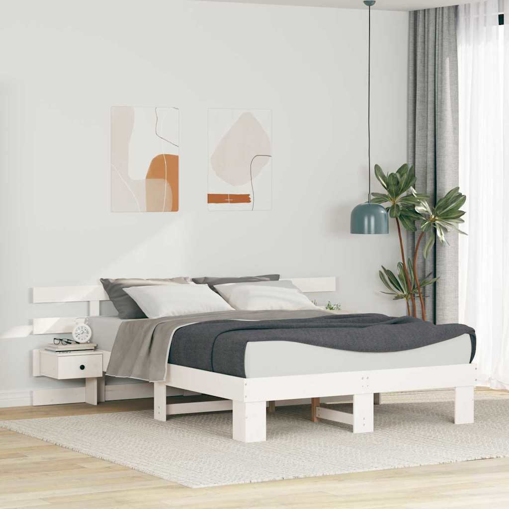Bettrahmen mit Kopfteil Weiß 150 x 200 cm Massives Kiefernholz