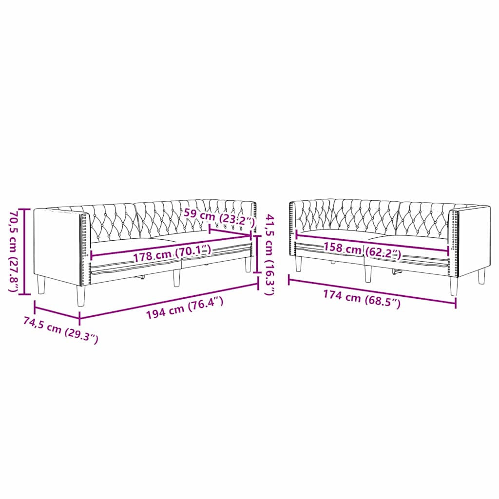 Wohnzimmer Couch 2 pcs Schwarz 194 x 74,5 x 70,5 cm Kunstleder