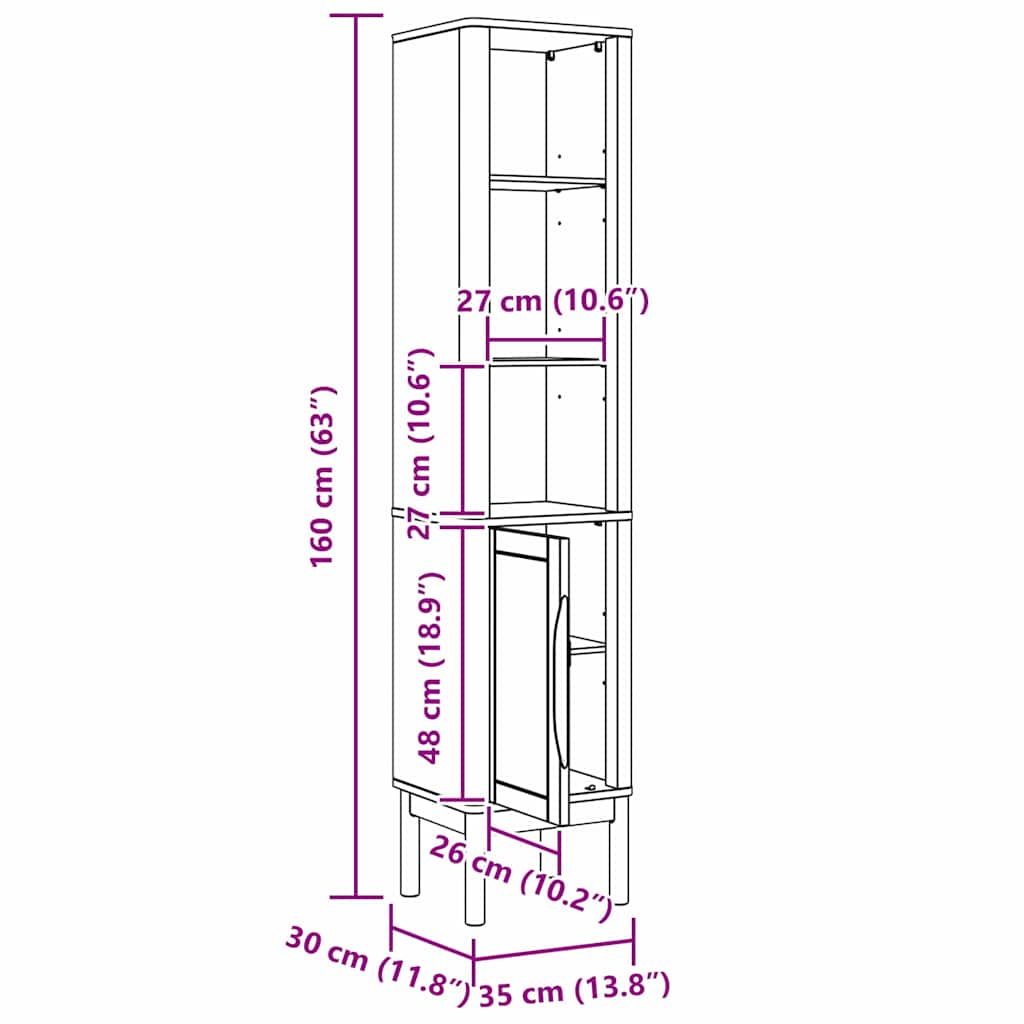 Bad hoher Schrank mit Regal FLORO Wachsbraun 35 x 30 x 160 cm