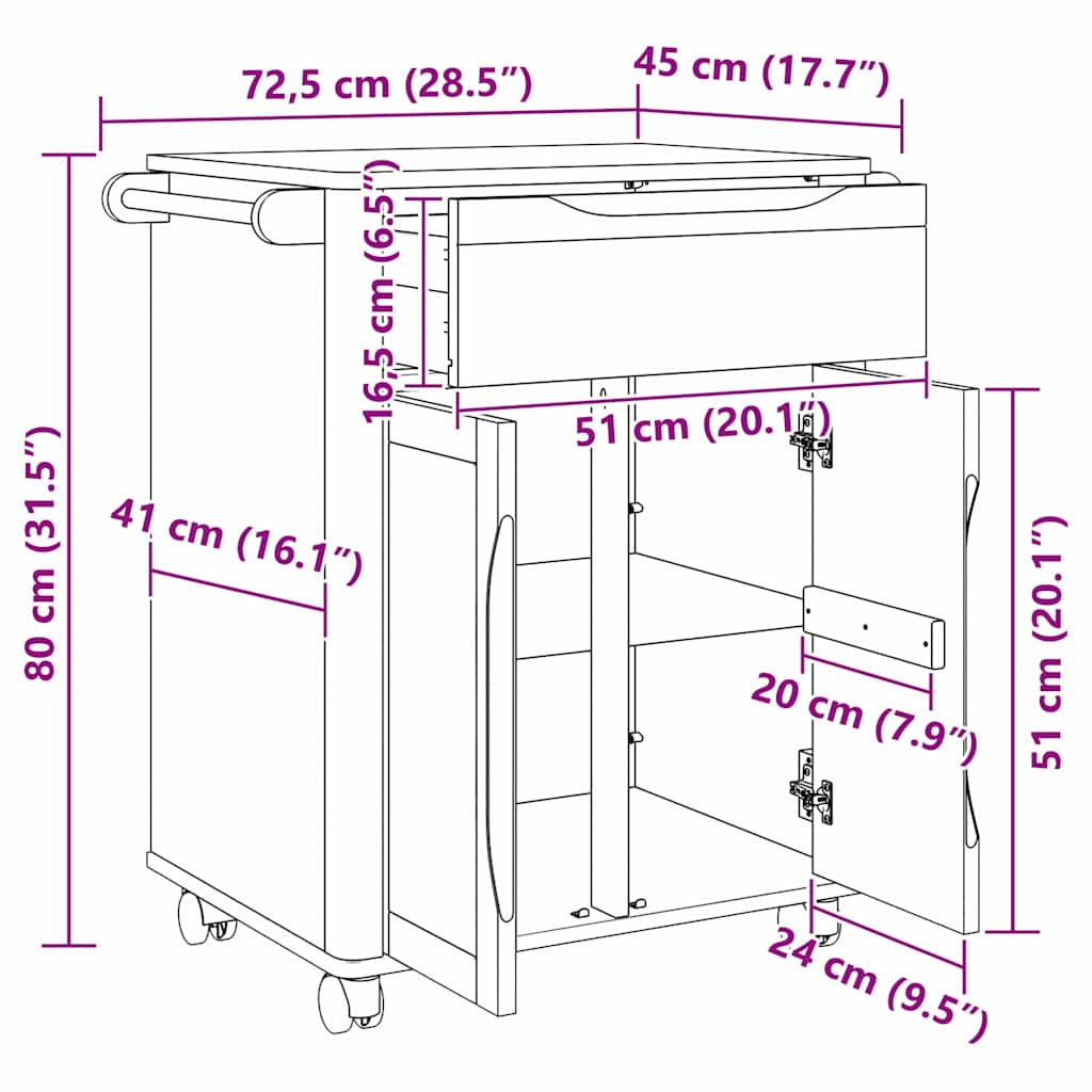 Küchentrolley FLORO Wachsbraun 72,5 x 45 x 80 cm