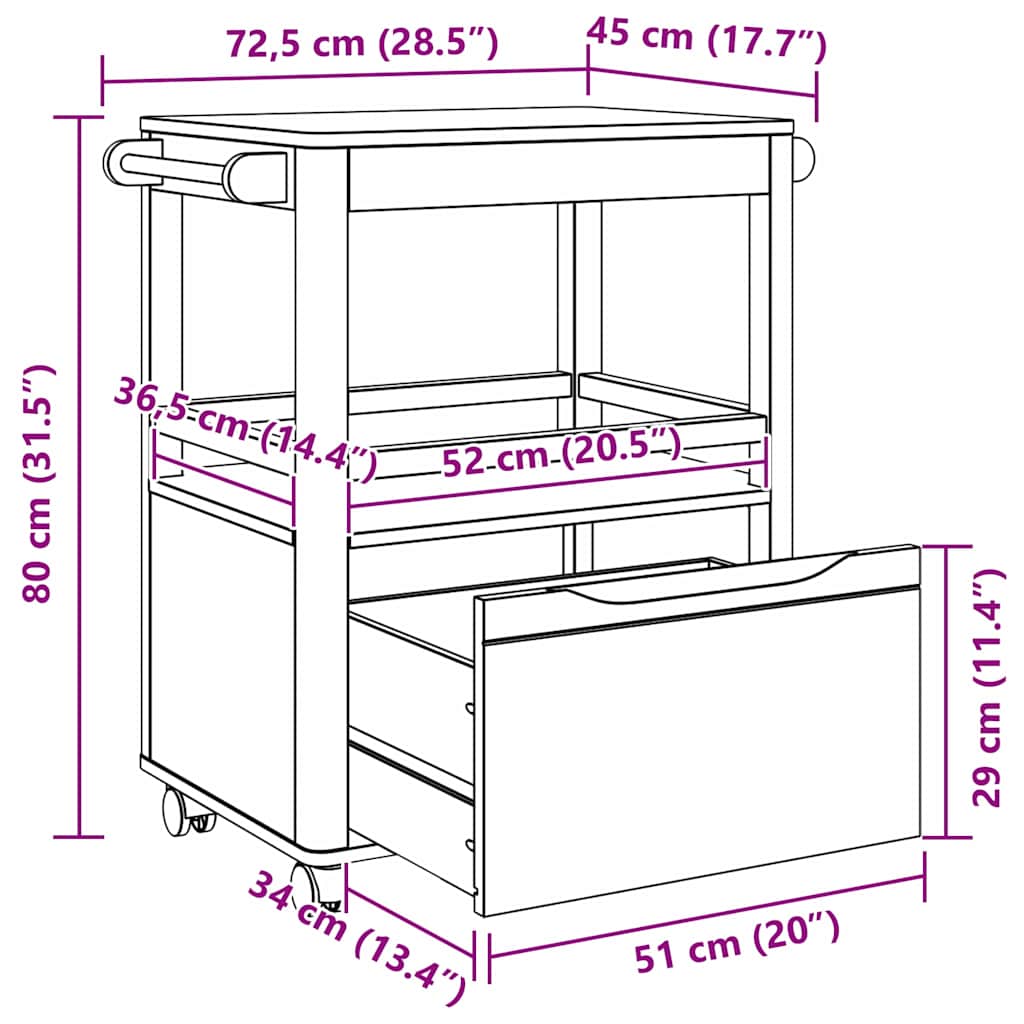 Küchentrolley FLORO Wachsbraun 72,5 x 45 x 80 cm