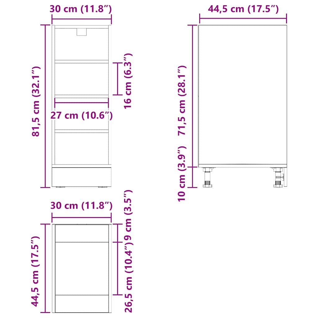 Küchenunterschrank Schwarz Eichen-Optik 30 x 44,5 x 81,5 cm