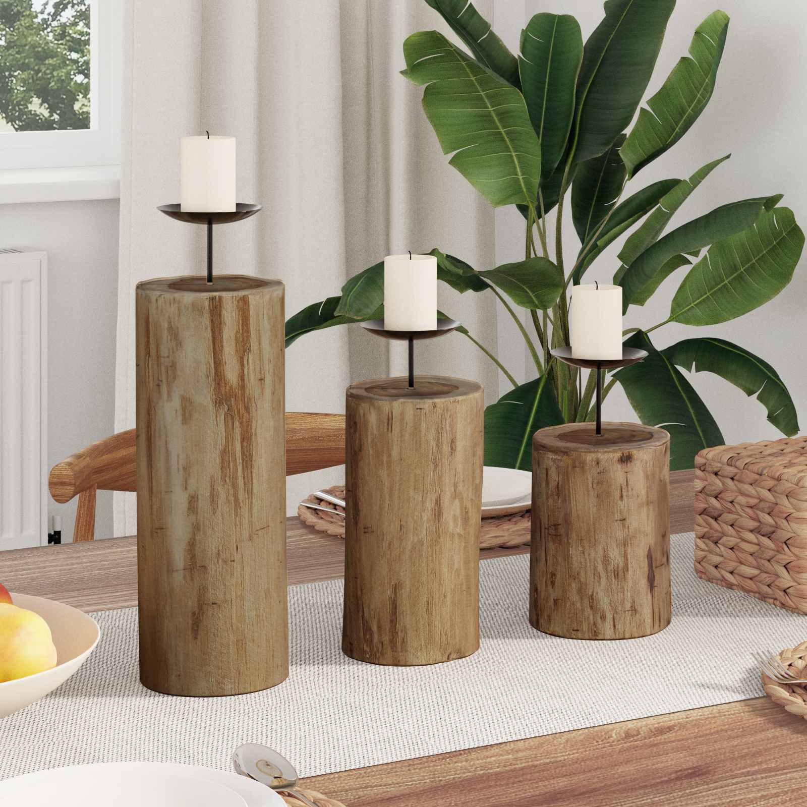 Kerzenhalter 3 stk. Natur Massivholz Teak