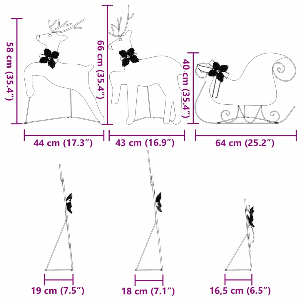 LED Rentiere 7 stk. Gold 43 x 18 x 66 cm Stoff