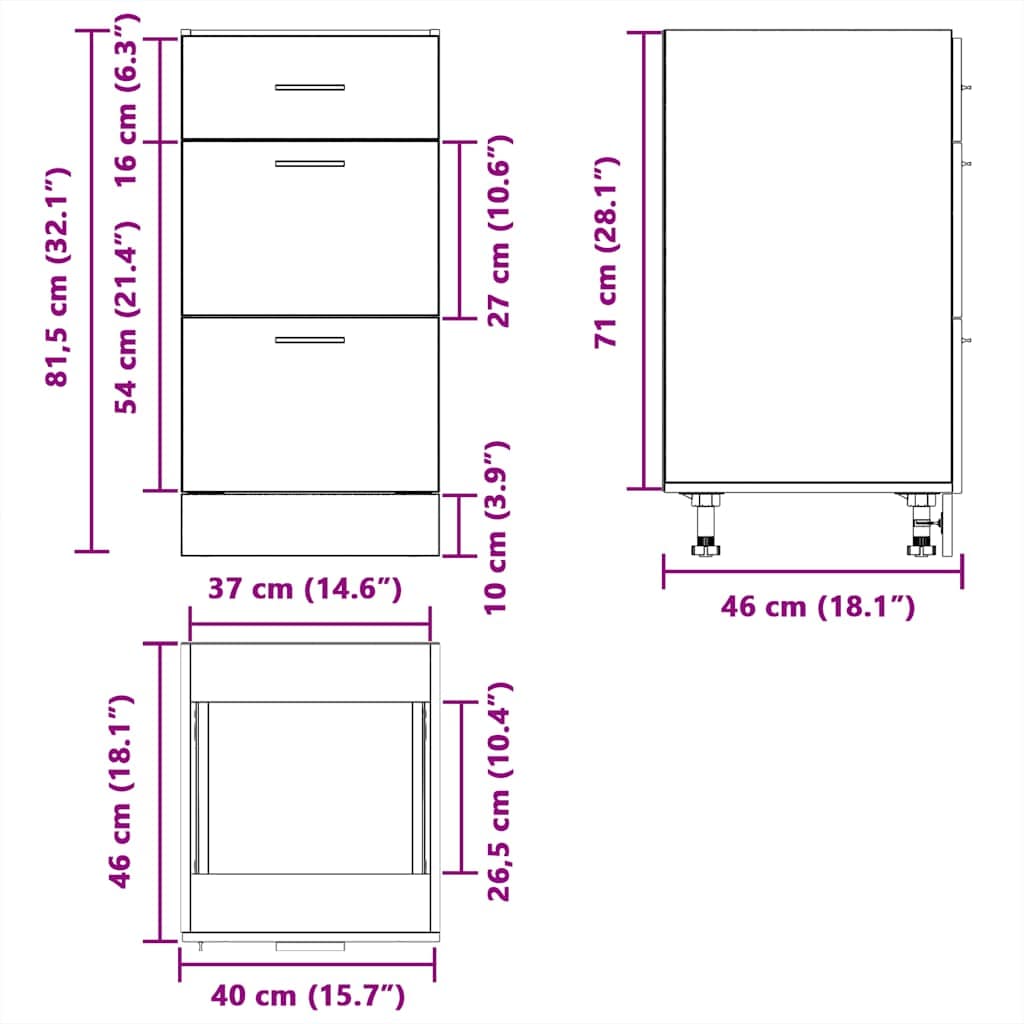 Küchenunterschrank Schwarz Eichen-Optik 40 x 46 x 81.5 cm