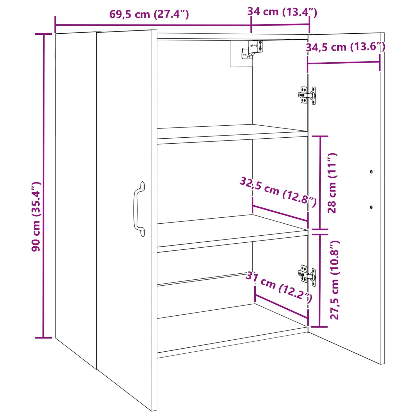 Wandschrank Schwarz Eichen-Optik 69,5 x 34 x 90 cm