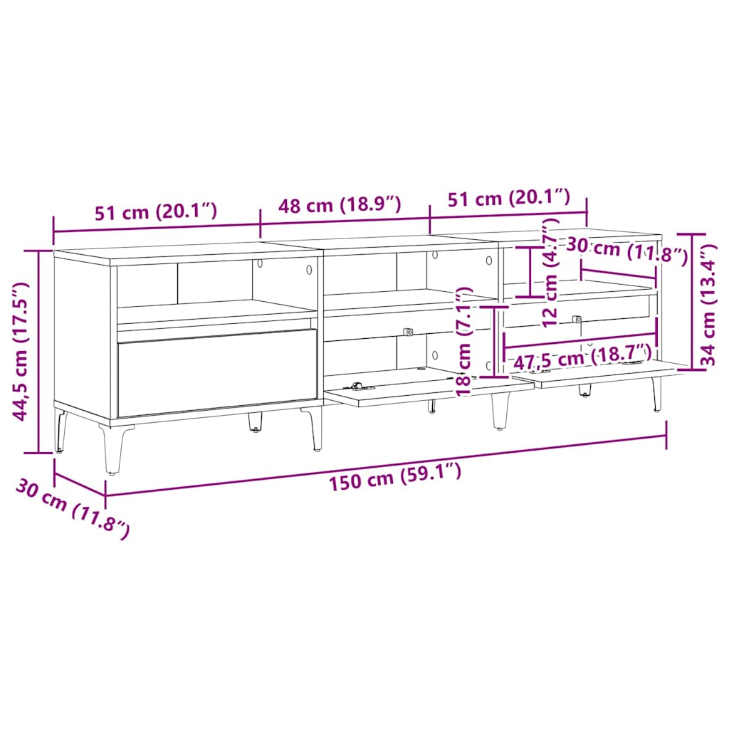 TV-Schränk mit Schubladen Schwarz Eichen-Optik 150 x 30 x 45 cm