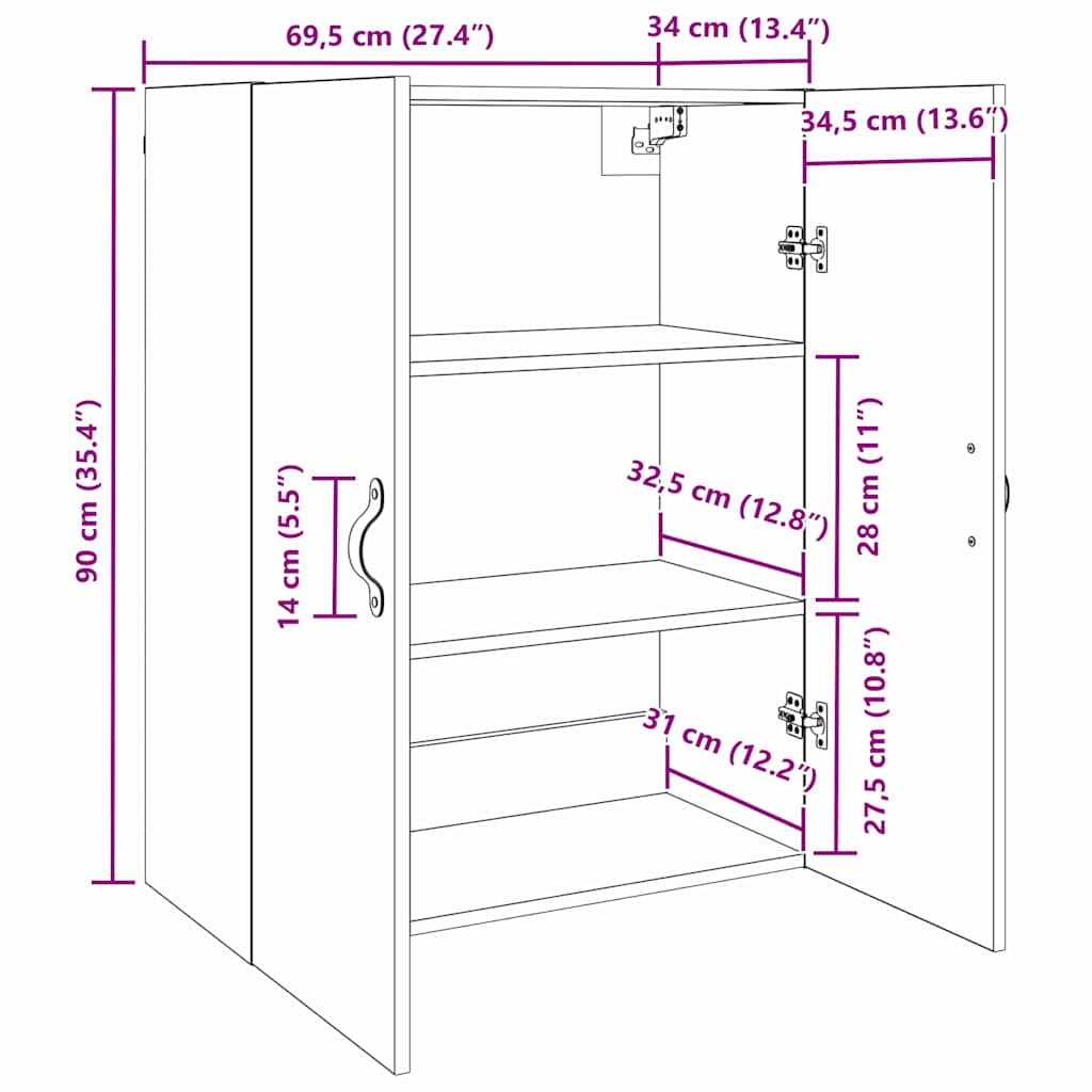 Wandschrank Schwarz Eichen-Optik 69,5 x 34 x 90 cm