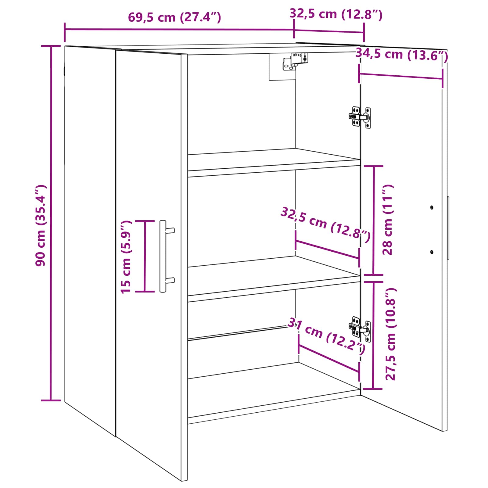Wandschrank Artisan-Eiche 69,5 x 34 x 90 cm Holzwerkstoff