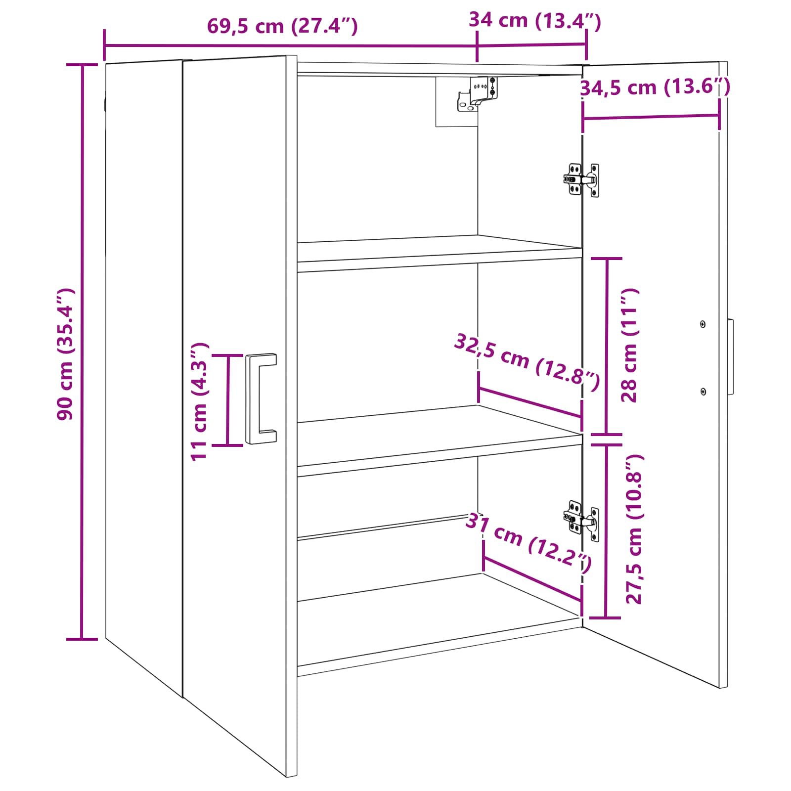 Wandschrank Artisan-Eiche 69,5 x 34 x 90 cm Holzwerkstoff