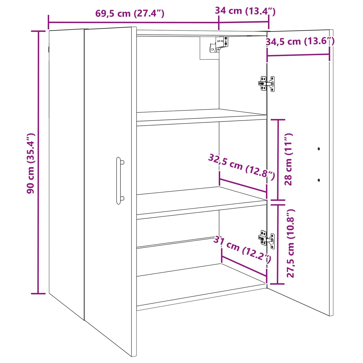 Wandschrank Schwarz Eichen-Optik 69,5 x 34 x 90 cm