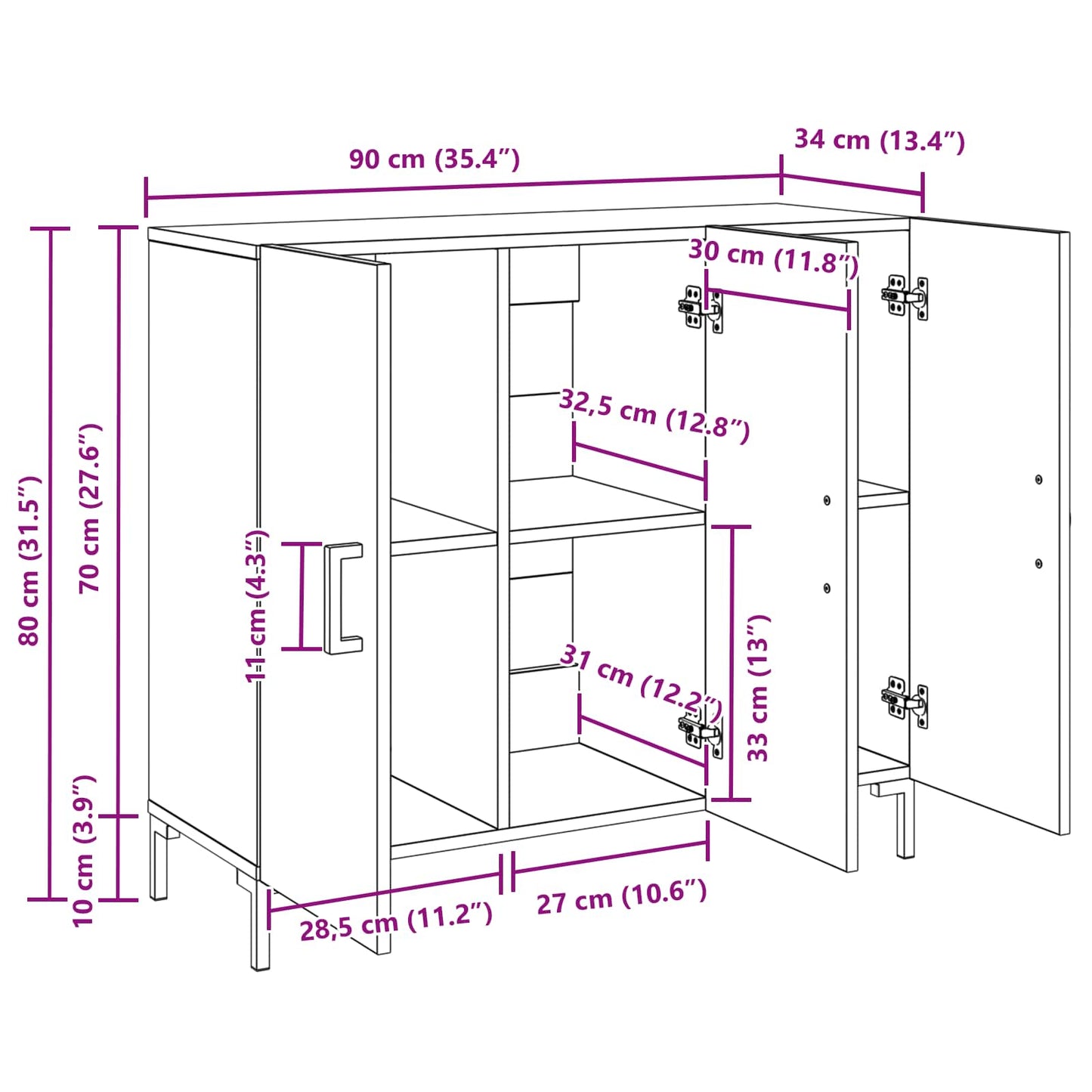 Sideboard Schwarz Eichen-Optik 90 x 34 x 80 cm Holzwerkstoff