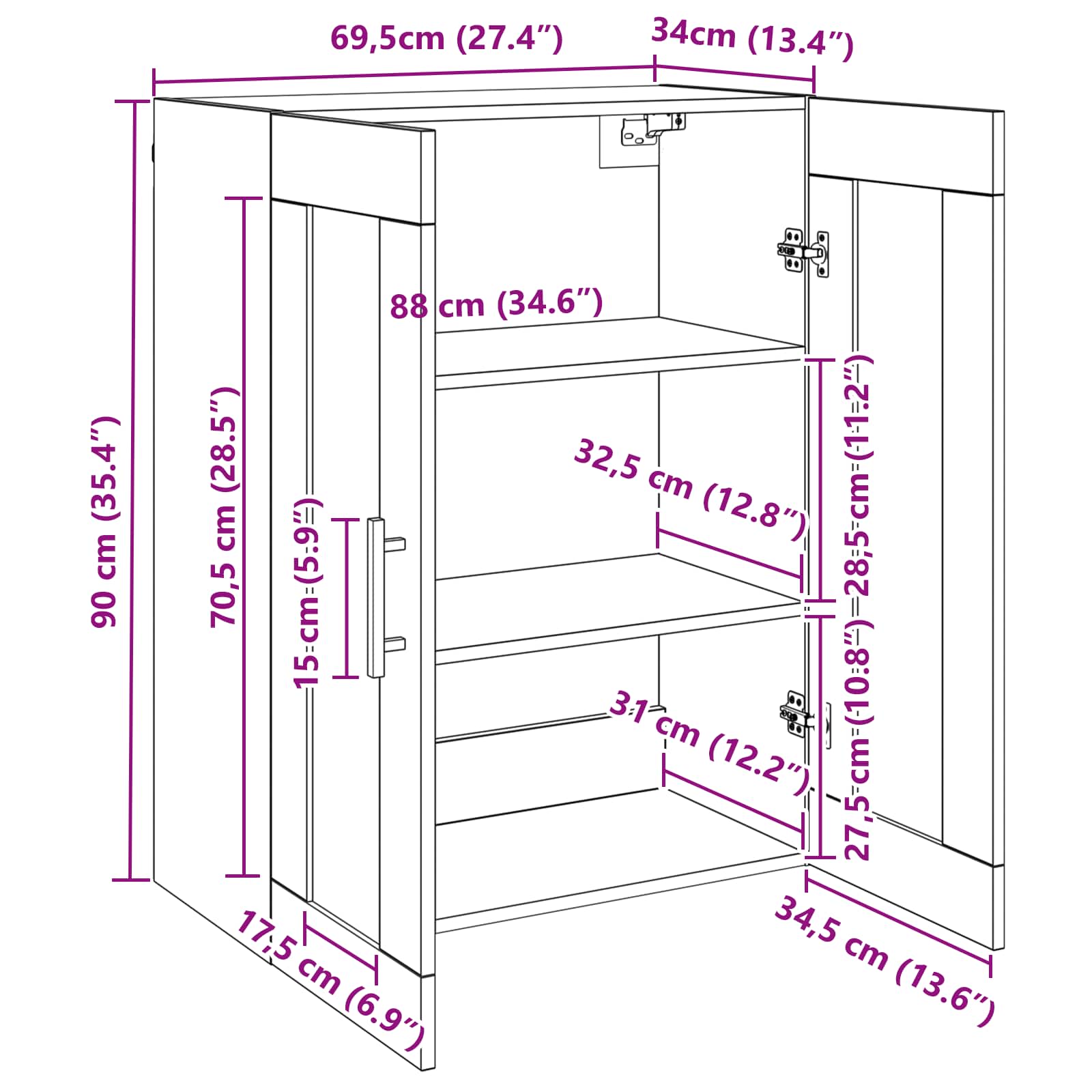 Wandschrank Schwarz Eichen-Optik 69.5 x 34 x 90 cm