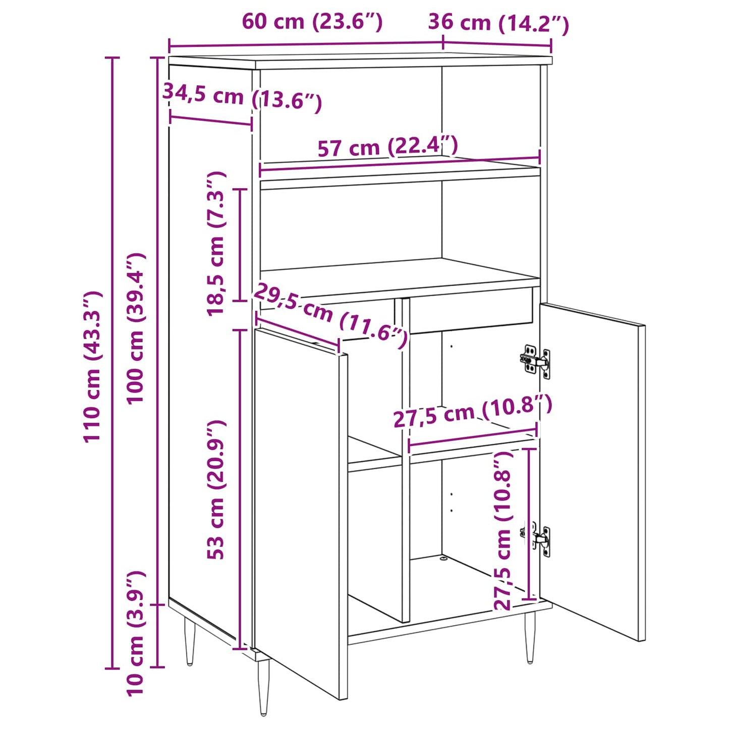 Hochboard Schwarz 60 x 36 x 110 cm Holzwerkstoff