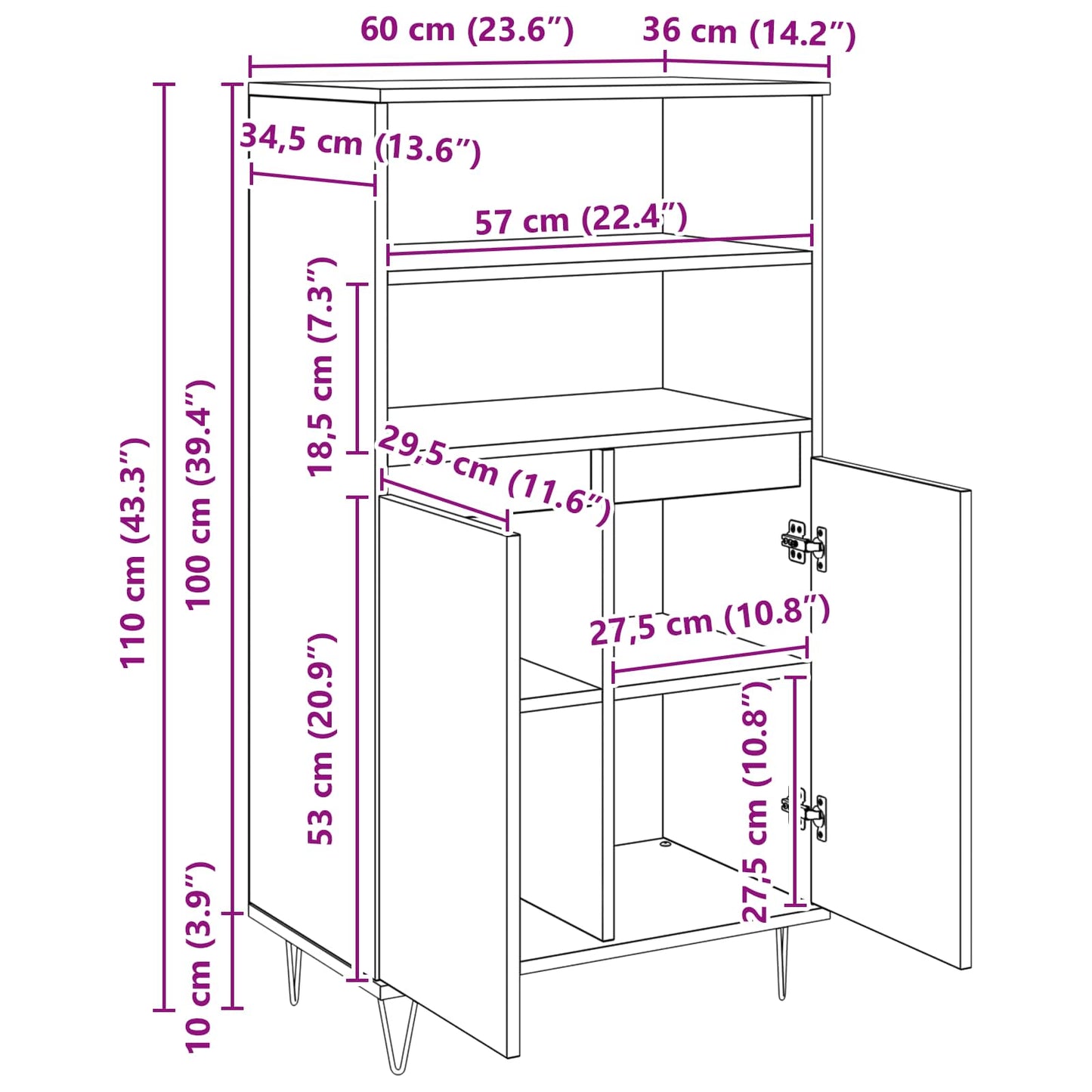 Hochboard Schwarz 60 x 36 x 110 cm Holzwerkstoff