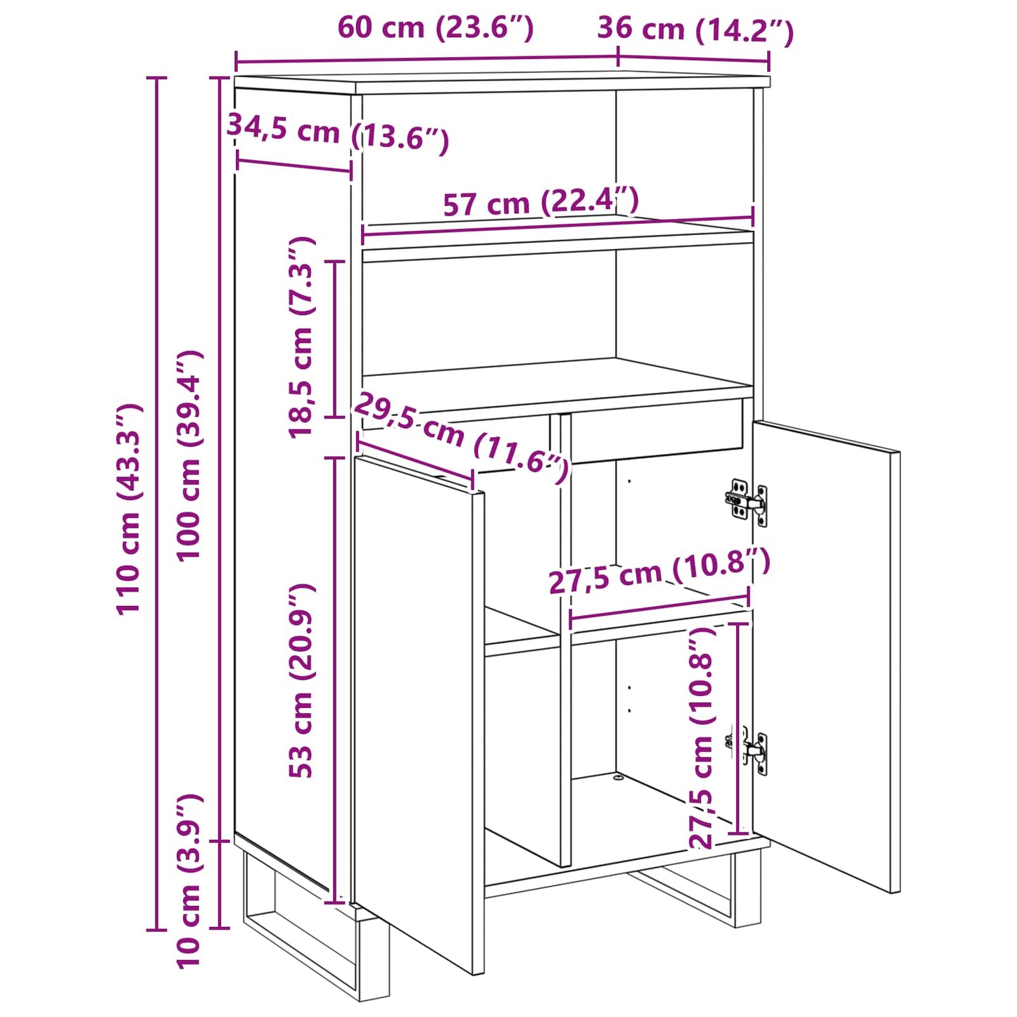 Hochboard Schwarz 60 x 36 x 110 cm Holzwerkstoff