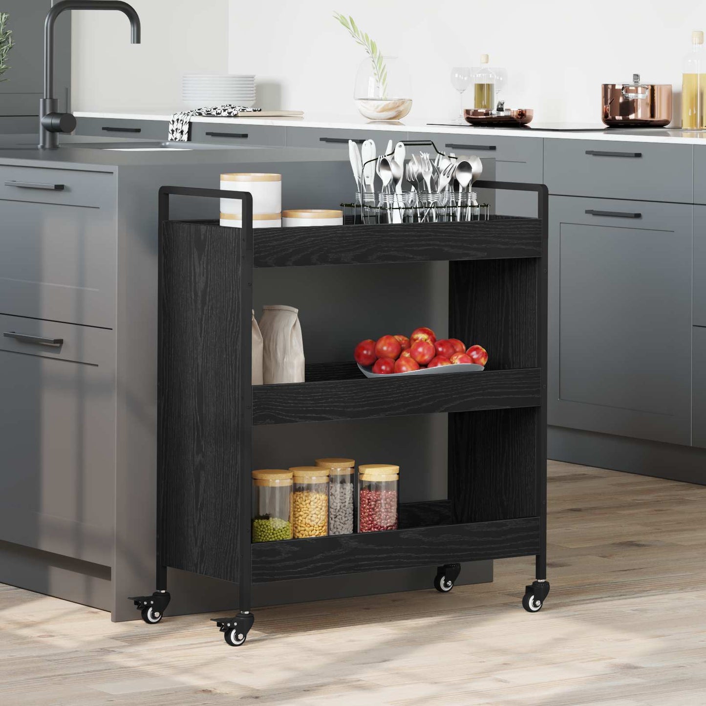 Küchentrolley Schwarz Eichen-Optik 70 x 30 x 82 cm