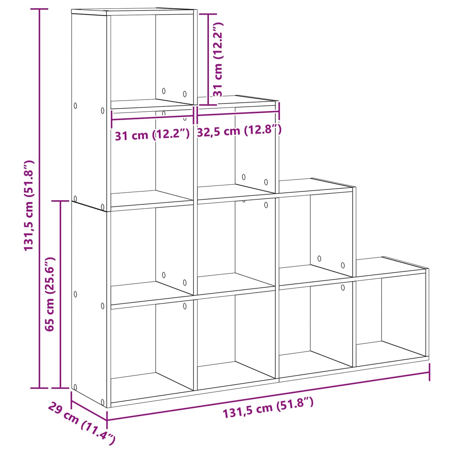 Raumteiler Bücherregal 10 Ebenen 131,5 x 29 x 131,5 cm