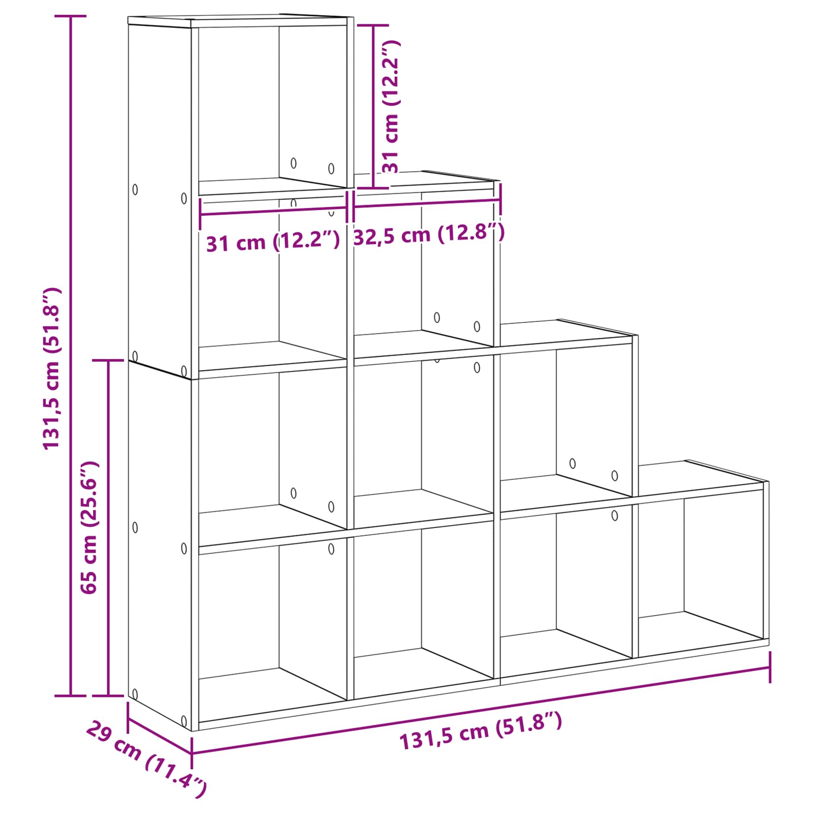 Raumteiler Bücherregal 10 Ebenen 131,5 x 29 x 131,5 cm
