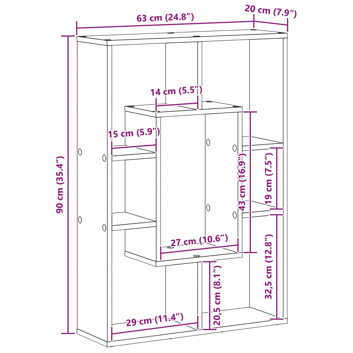 Bücherregal 7 Ebenen 63 x 20 x 90 cm Holzwerkstoff