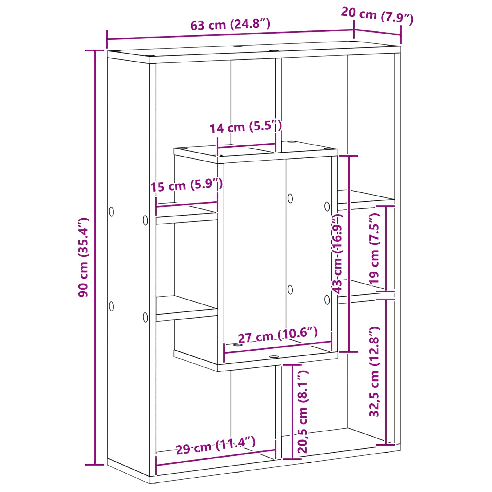 Bücherregal 7 Ebenen 63 x 20 x 90 cm Holzwerkstoff