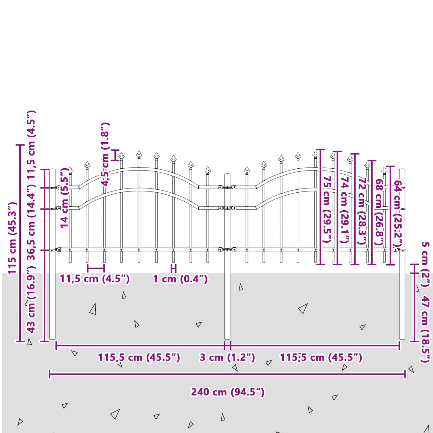 Gartenzaun WOERDEN 240 x 115 cm Pulverbeschichteter Stahl Grau