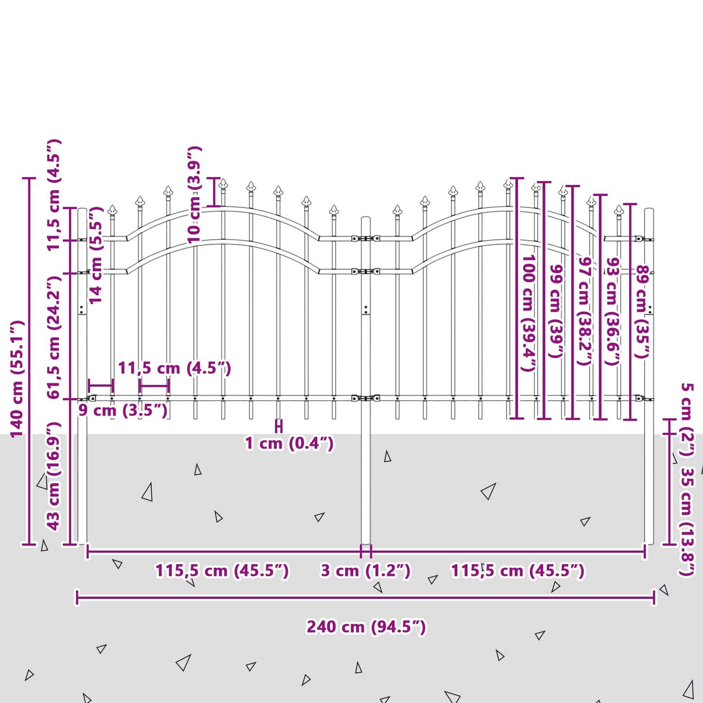 Gartenzaun WOERDEN 240 x 140 cm Pulverbeschichteter Stahl Grau