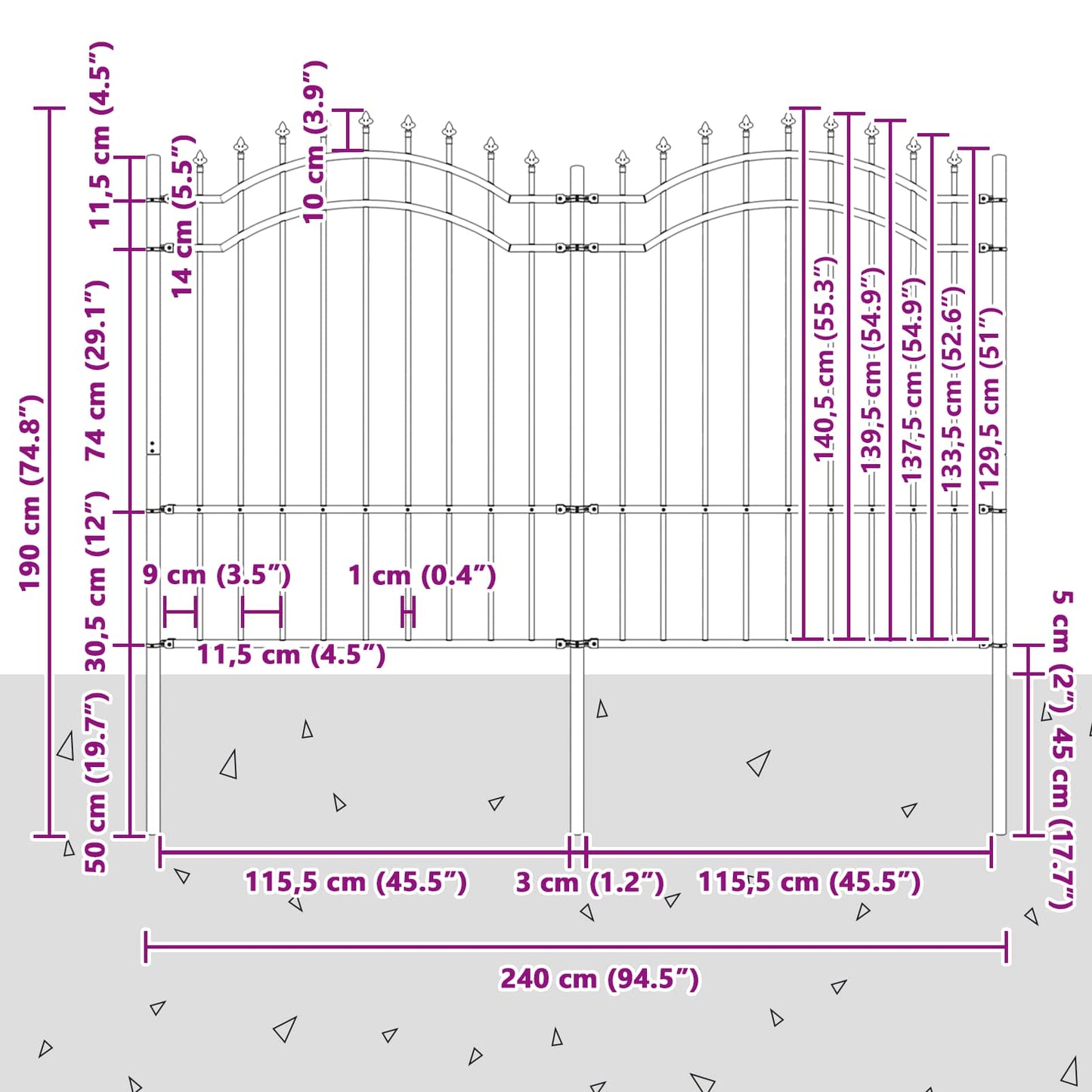 Gartenzaun WOERDEN 240 x 190 cm Pulverbeschichteter Stahl Grau