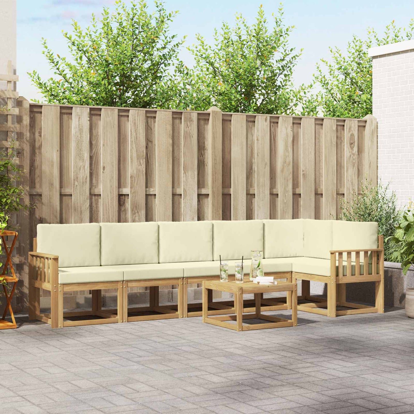Outdoor-Sofagarnitur mit Kissen 7 pcs Weiß und Creme Polyester