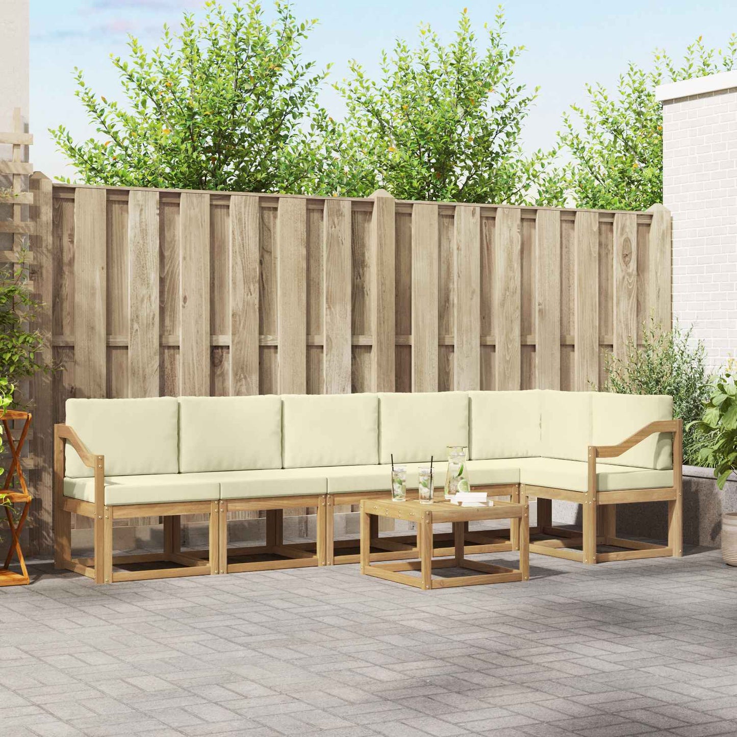 Outdoor-Sofagarnitur mit Kissen 7 pcs Weiß und Creme Polyester
