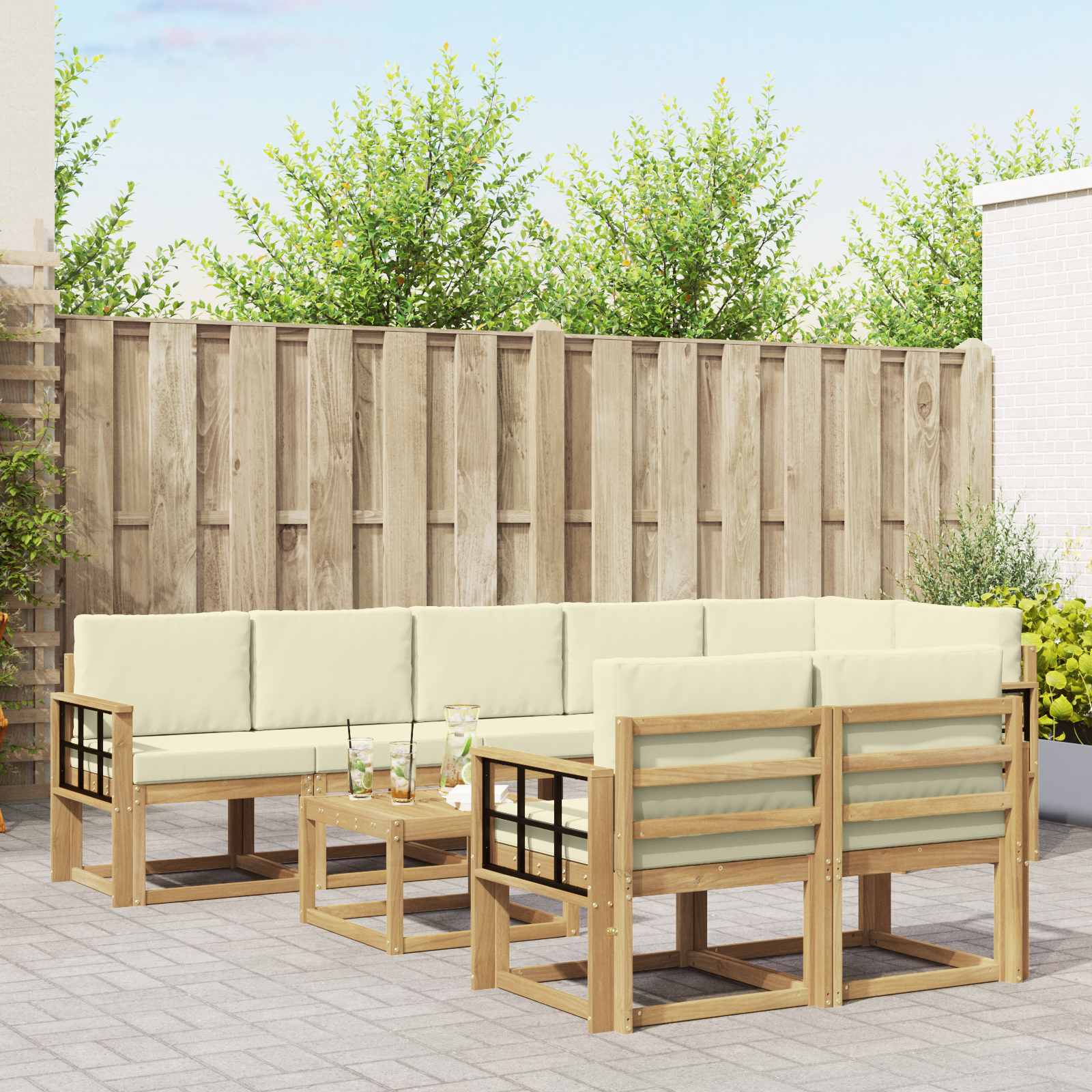 Outdoor-Sofagarnitur mit Kissen 9 pcs Weiß und Creme Polyester