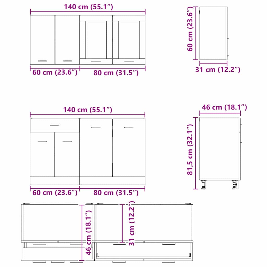 Kücheneinheit Lyon 4 pcs Geräucherte Eiche Holzwerkstoff