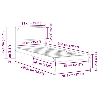 Bettrahmen Dunkelgrau 90 x 200 cm Massives Kiefernholz