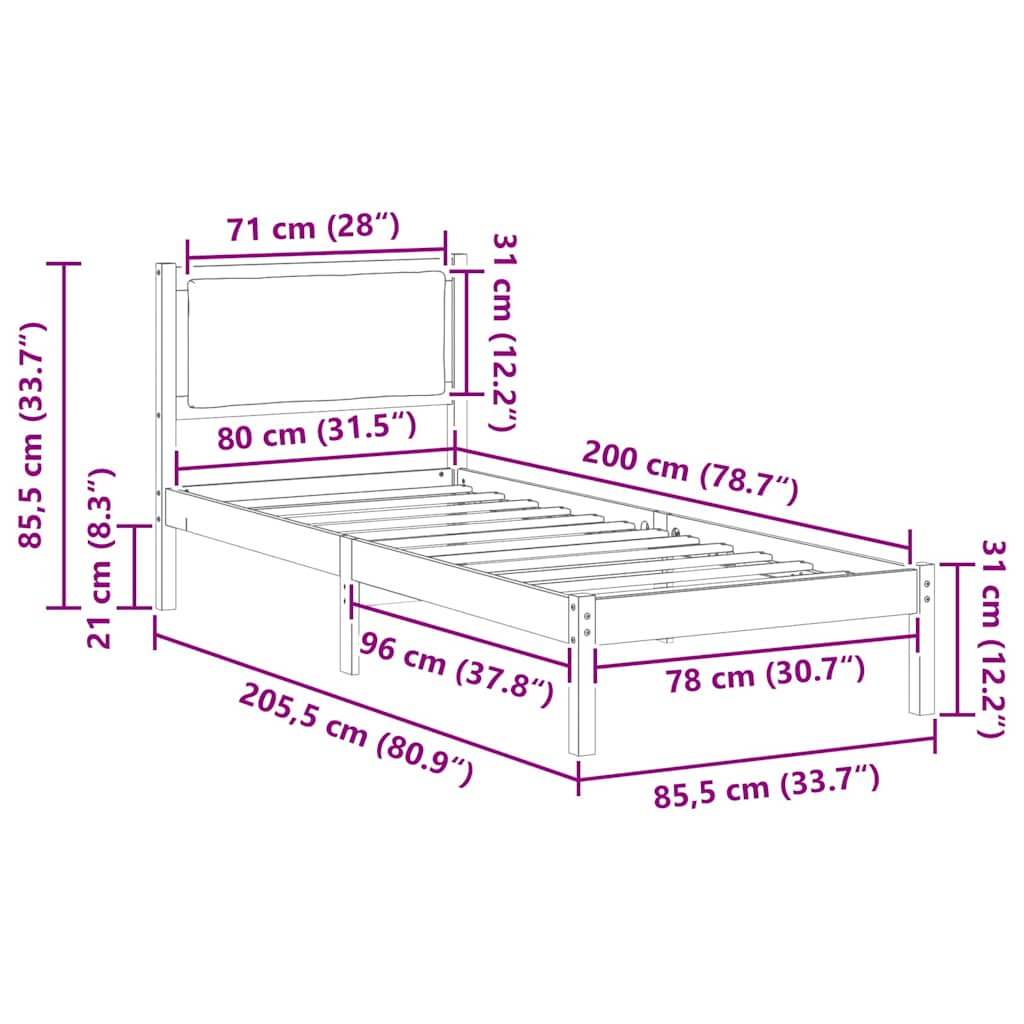 Bettrahmen Schwarz 80 x 200 cm Massives Kiefernholz