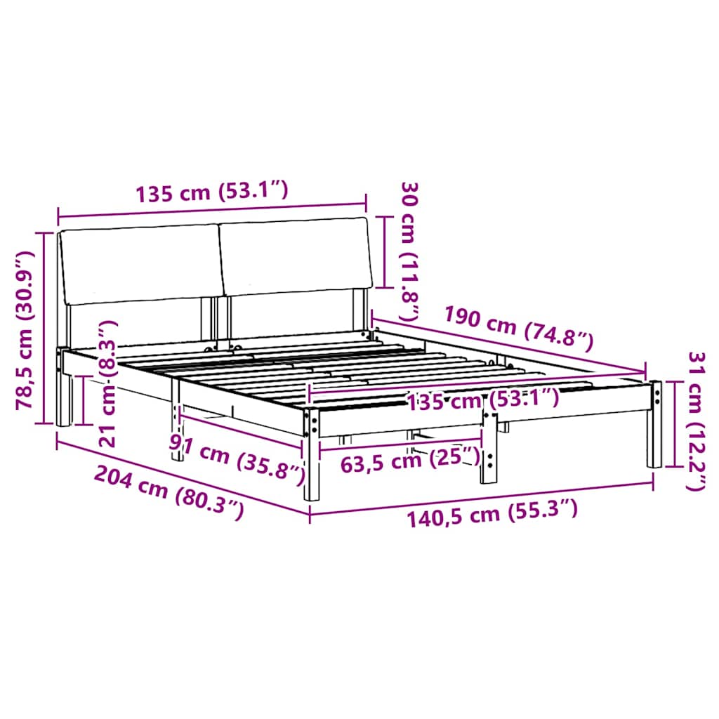 Bettgestell Braun und hellgrau 135 x 190 cm Massivholz Kiefer