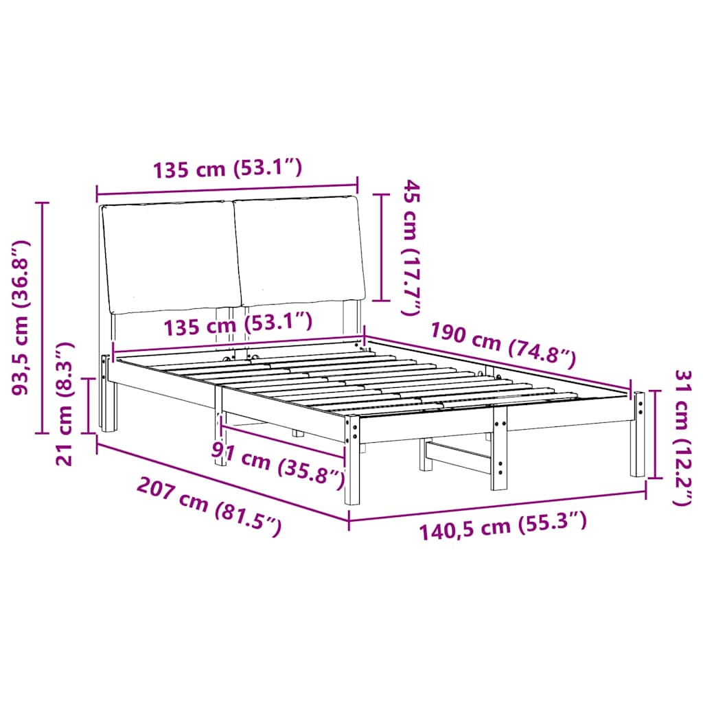 Bettgestell Braun und Taupe 135 x 190 cm Massivholz Kiefer