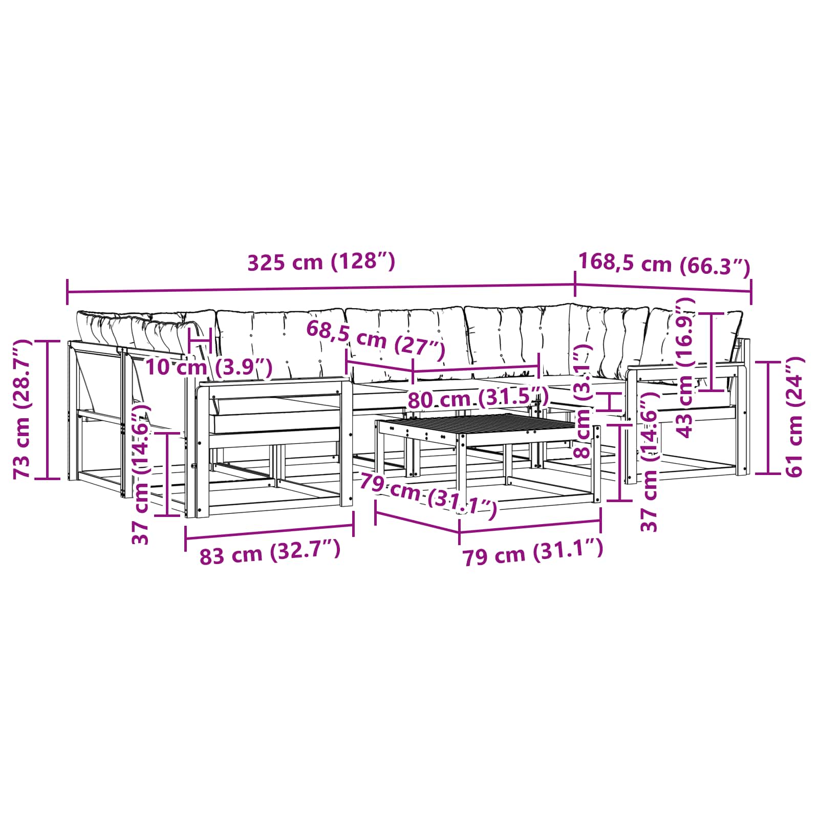 Outdoor-Sofagarnitur 7 pcs Weiß und Schwarz 79 x 79 x 37 cm