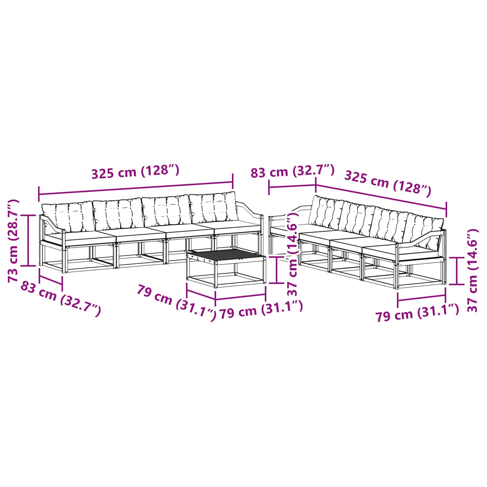 Outdoor-Sofagarnitur 9 pcs Weiß und Schwarz 79 x 79 x 37 cm