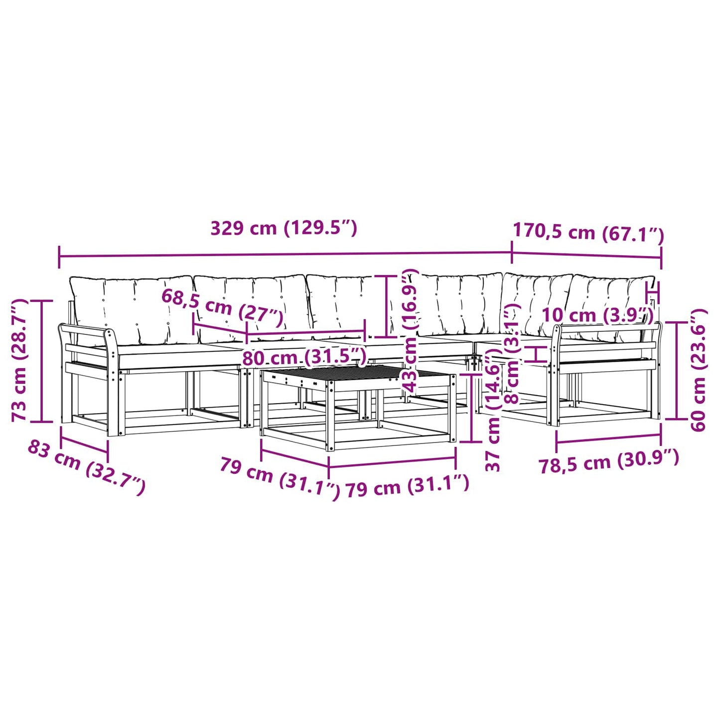 Outdoor-Sofagarnitur 6 pcs Weiß und Schwarz 79 x 79 x 37 cm