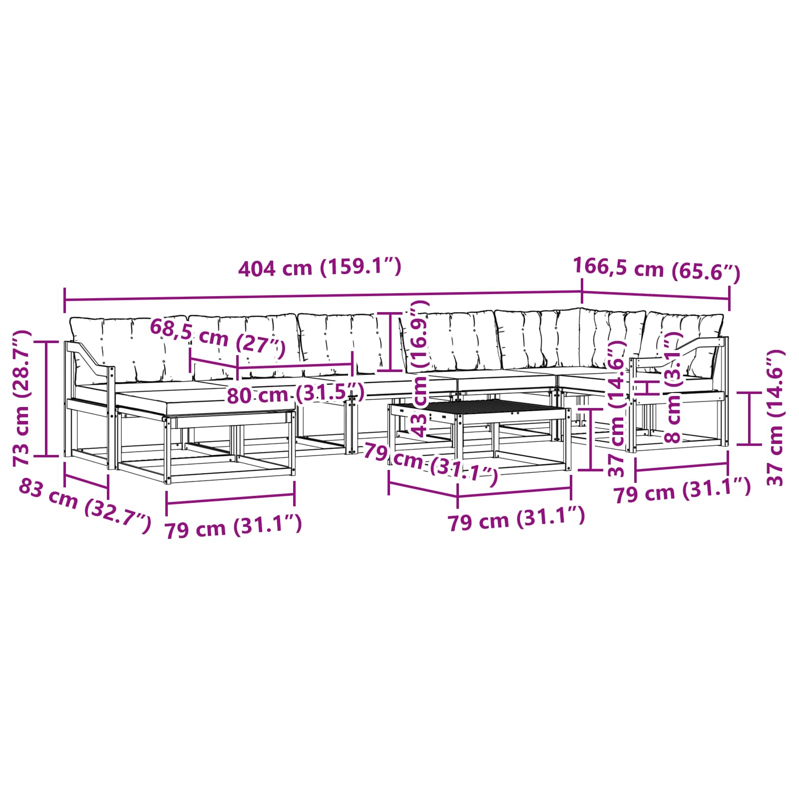 Outdoor-Sofagarnitur 8 pcs Weiß und Schwarz 79 x 79 x 37 cm